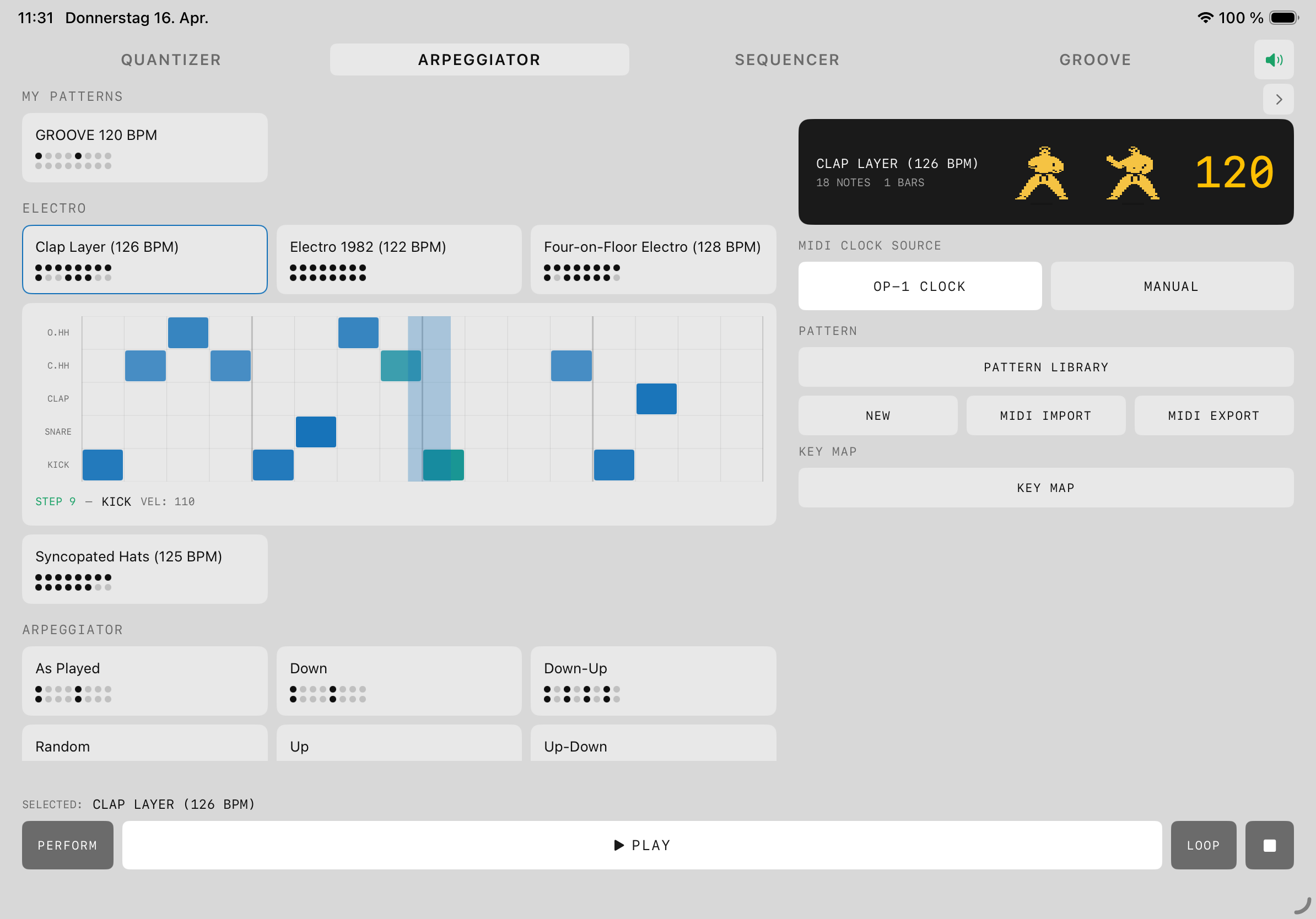 Arpeggiator — pattern library with genre groups and dot-grid previews