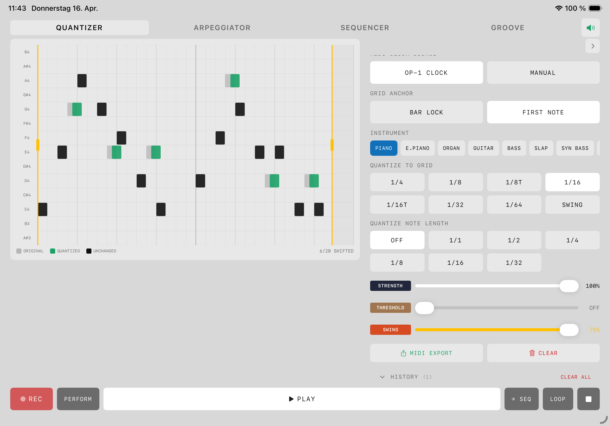 Quantizer — piano roll, grid quantize, strength / threshold / swing