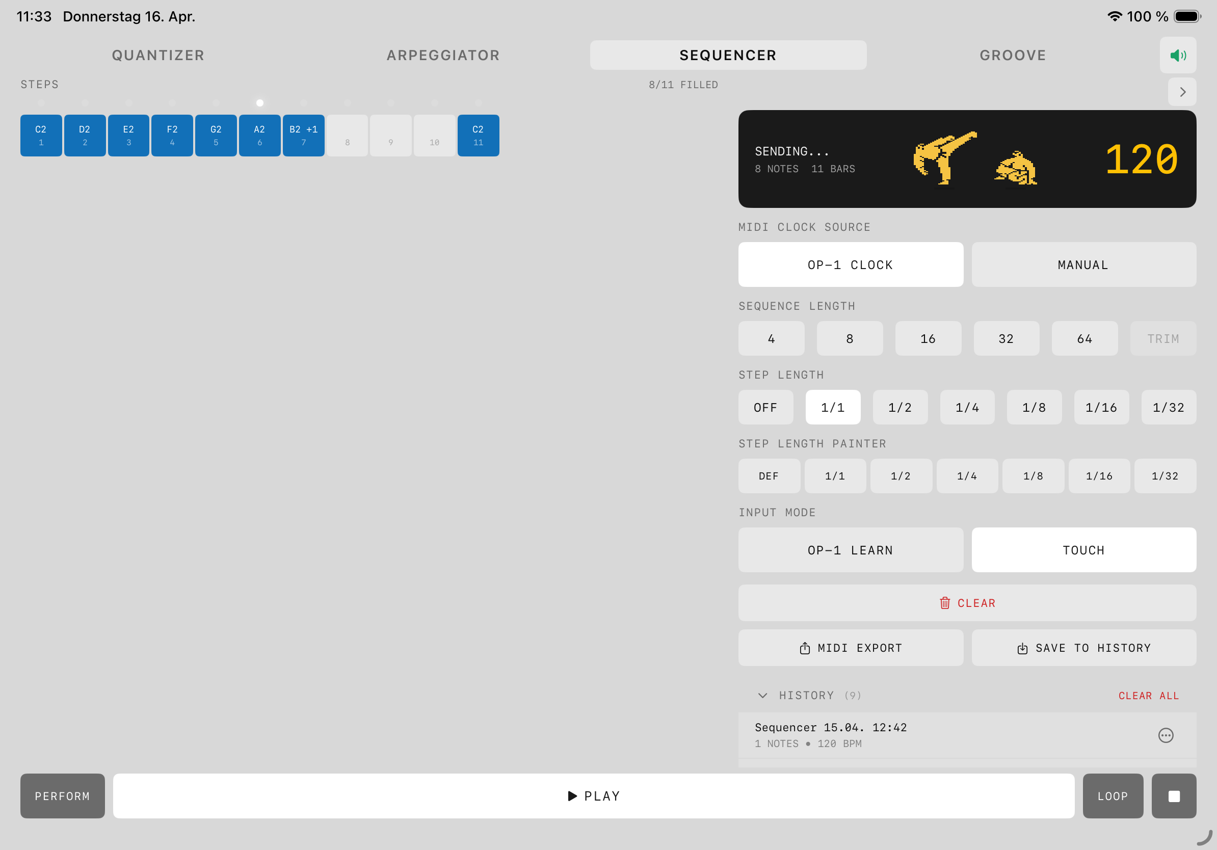 Sequencer — 16-step with OP-1 learn mode and history